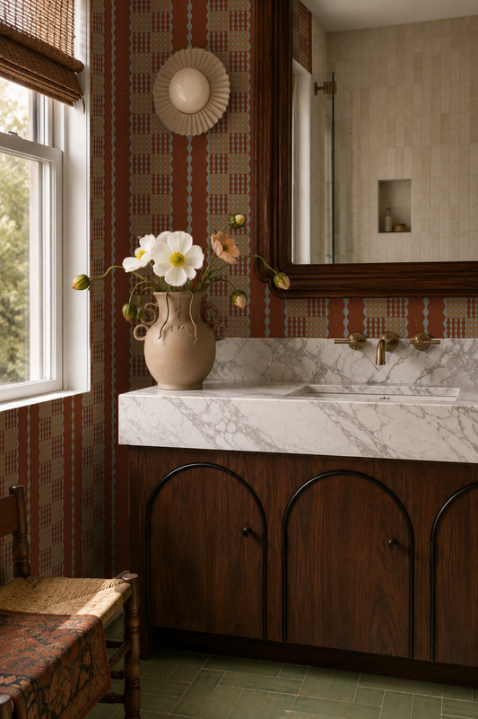 Telar Weave Wallpaper, rust, dusty blue and butter