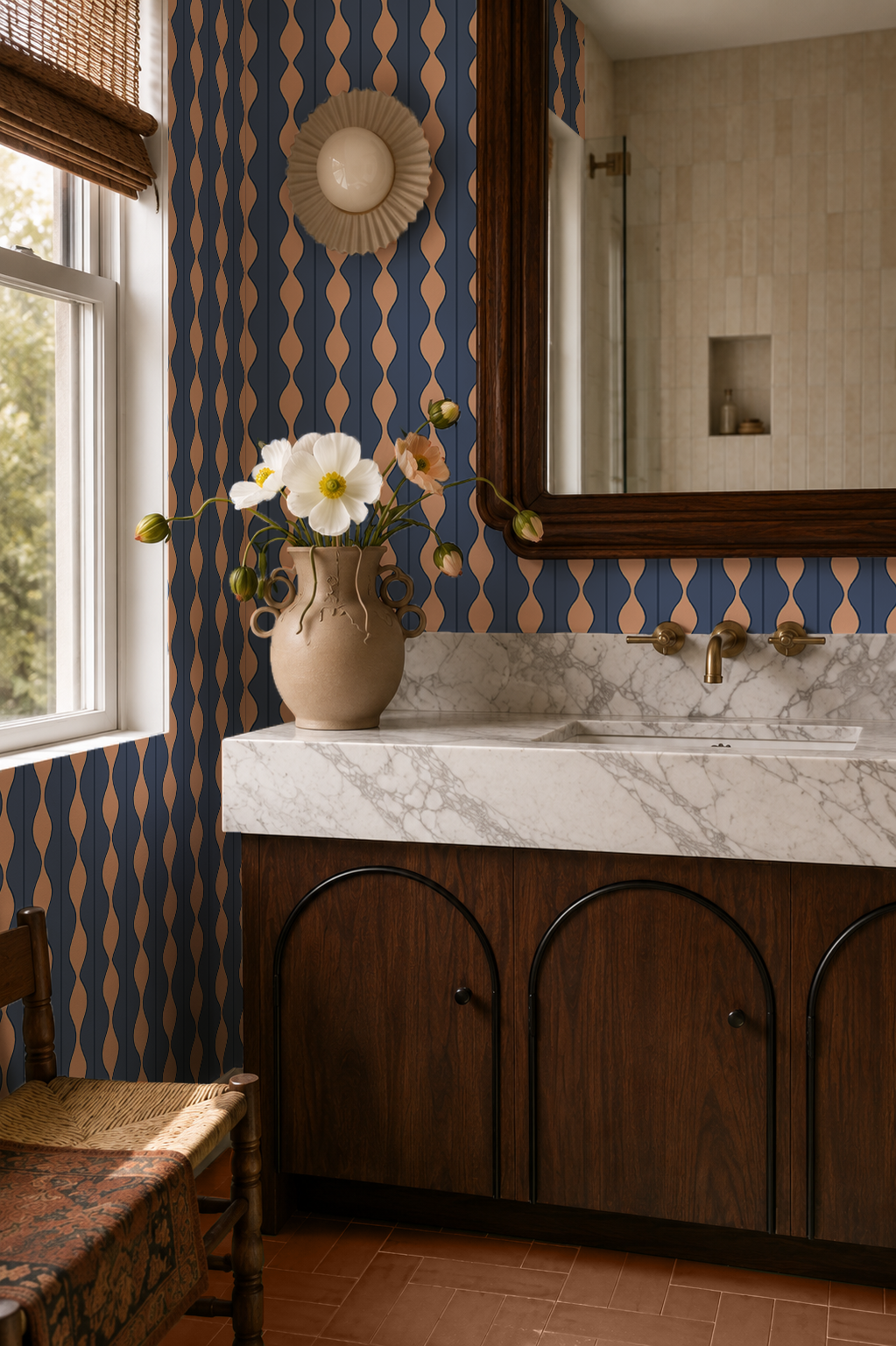 Rosario Stripe Wallpaper, baltic blue and peach
