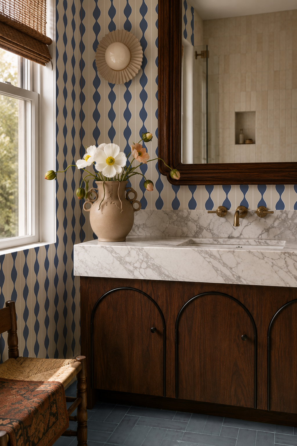 Rosario Stripe Wallpaper, beige and baltic blue