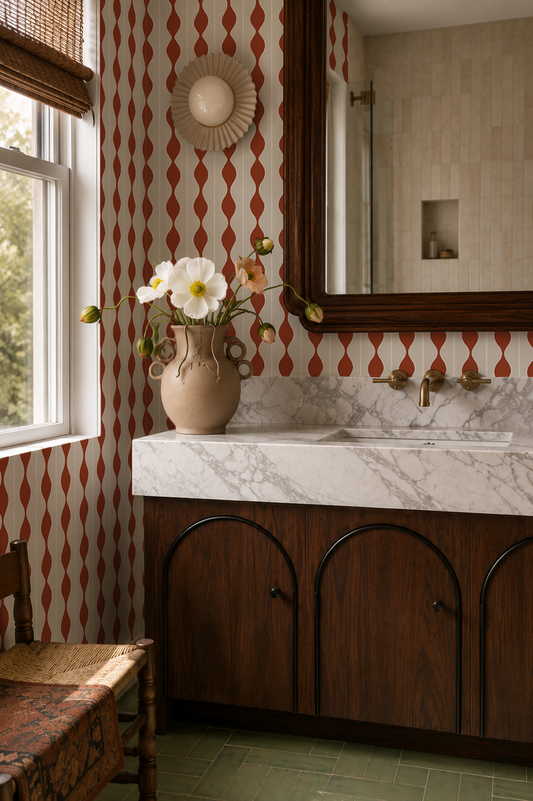 Rosario Stripe Wallpaper, beige and brick red