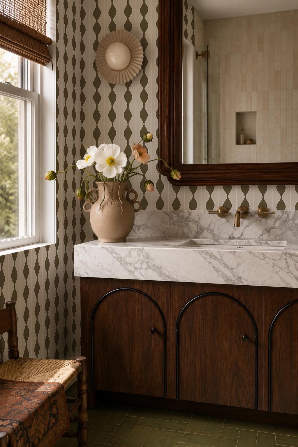 Rosario Stripe Wallpaper, beige and pine needles