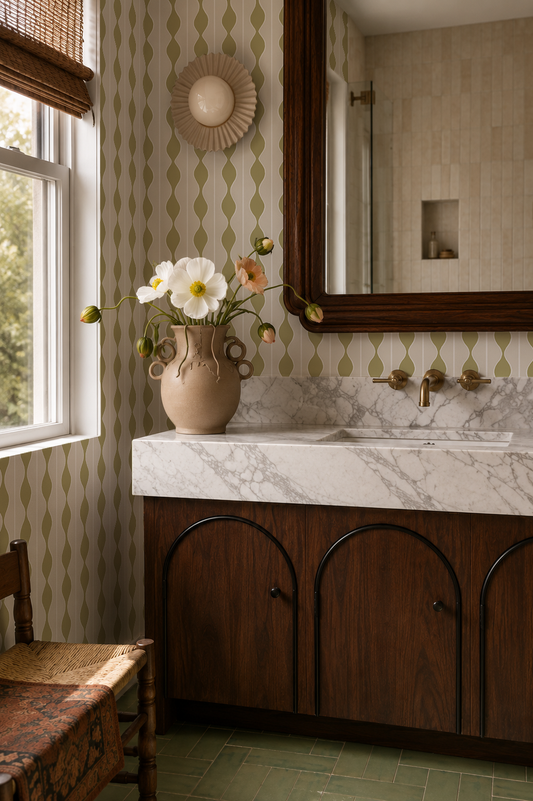 Rosario Stripe Wallpaper, beige and sage olive