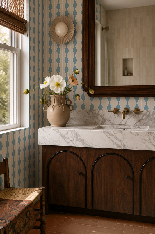 Rosario Stripe Wallpaper, beige and sky blue