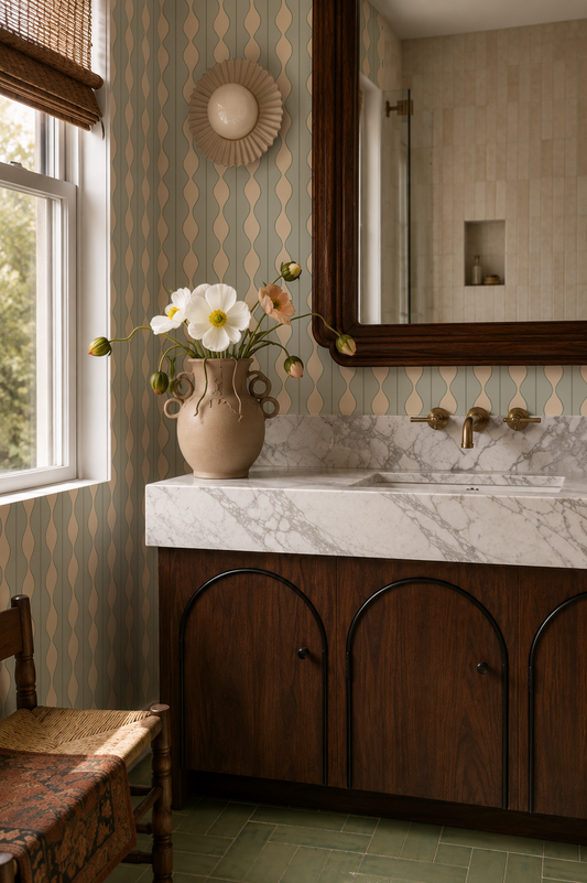 Rosario Stripe Wallpaper, desert aloe, sage and beige