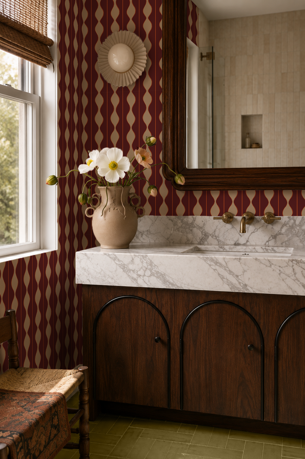 Rosario Stripe Wallpaper, maroon, deep peach and beige