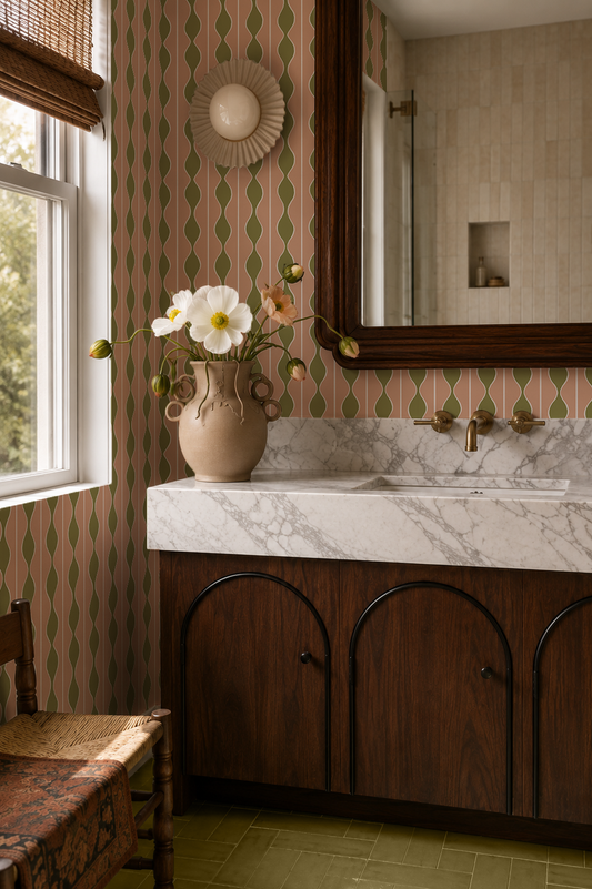 Rosario Stripe Wallpaper, peach and olive