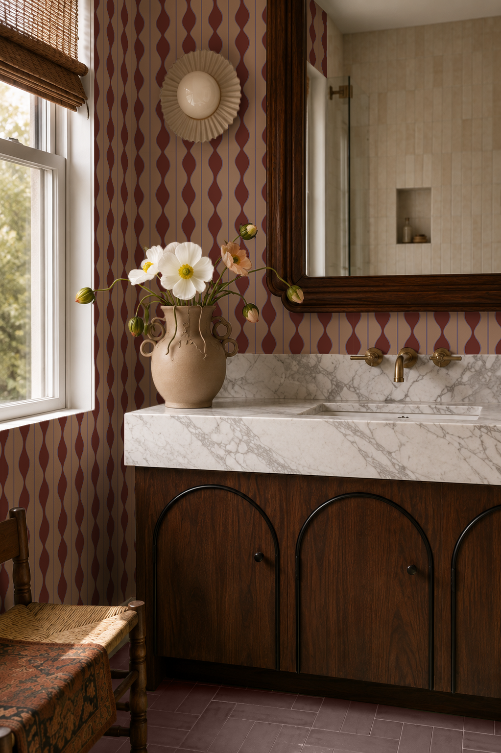 Rosario Stripe Wallpaper, peach, wine and lavender