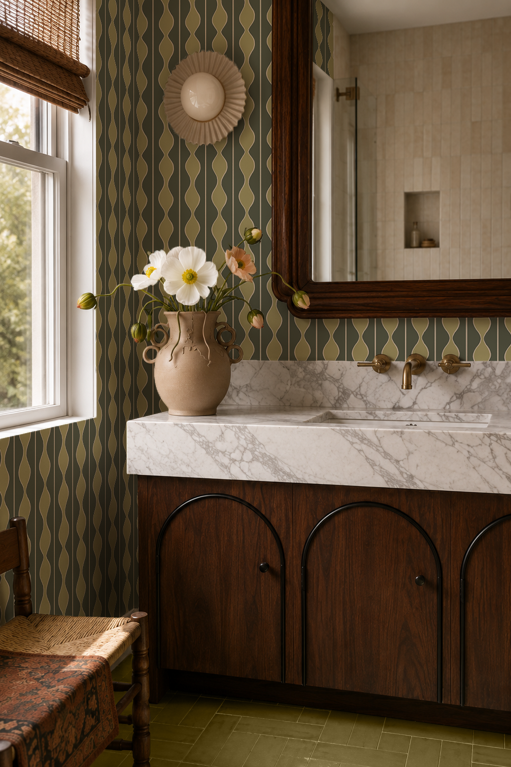 Rosario Stripe Wallpaper, pine needle and lime
