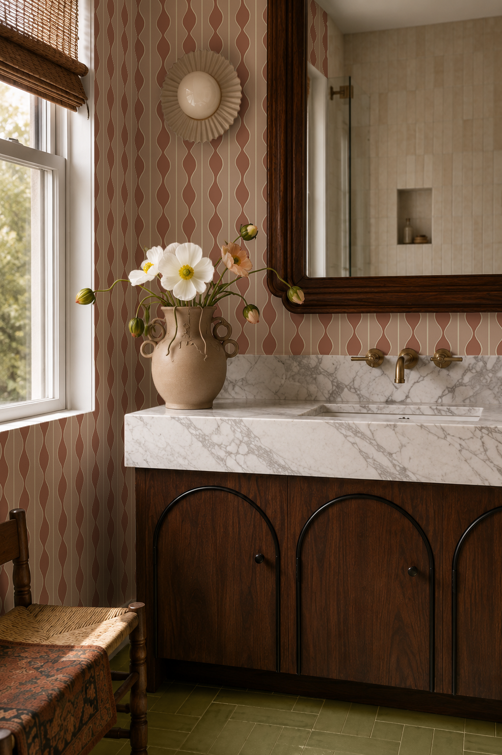 Rosario Stripe Wallpaper, pink clay and beige