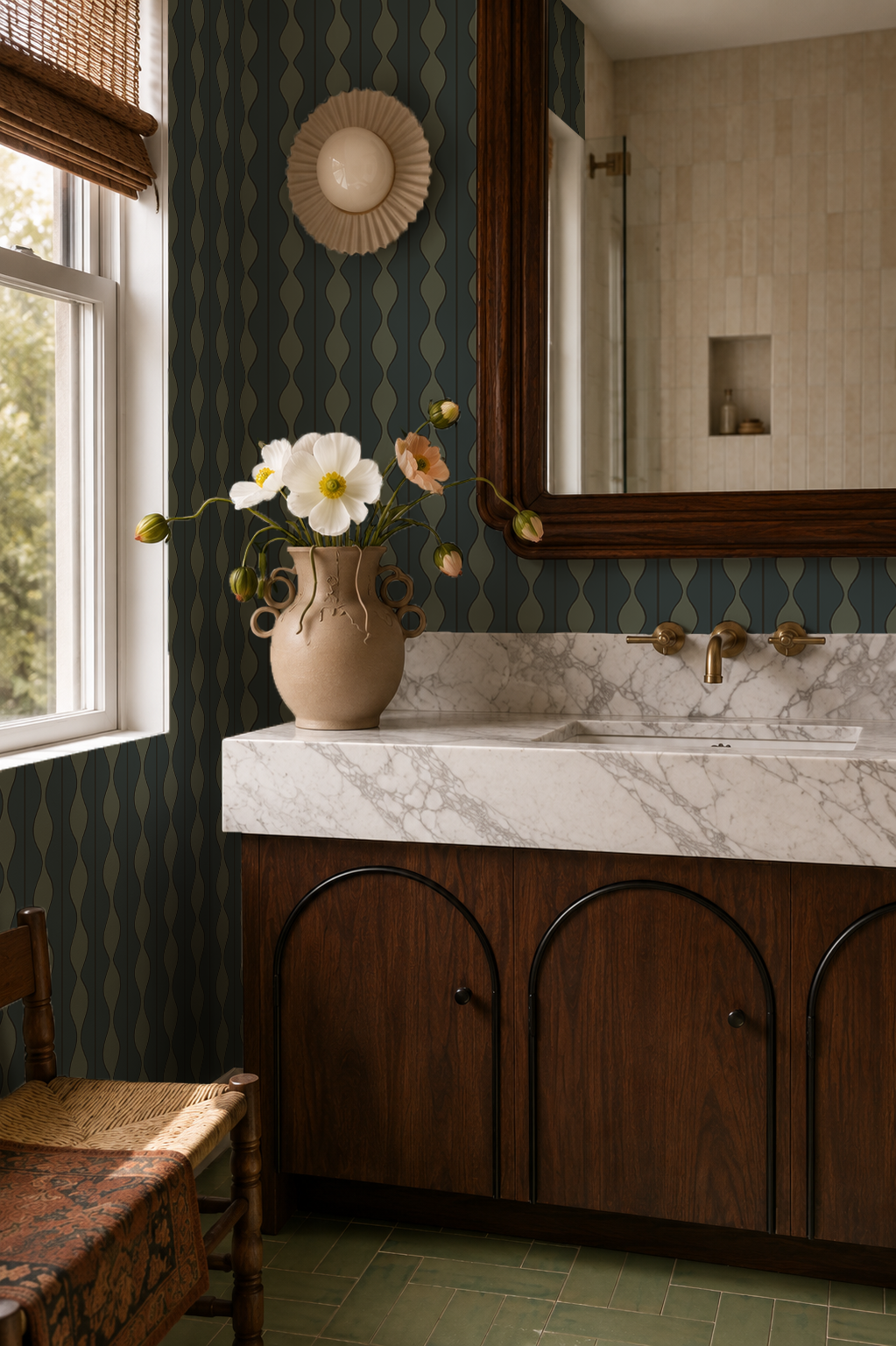 Rosario Stripe Wallpaper, stormy teal and sage