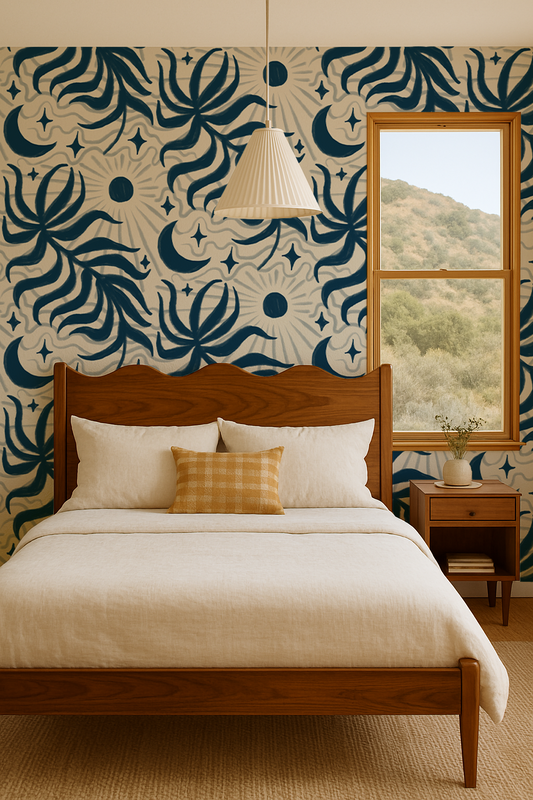 Lunar Leaf Wallpaper, beige and navy