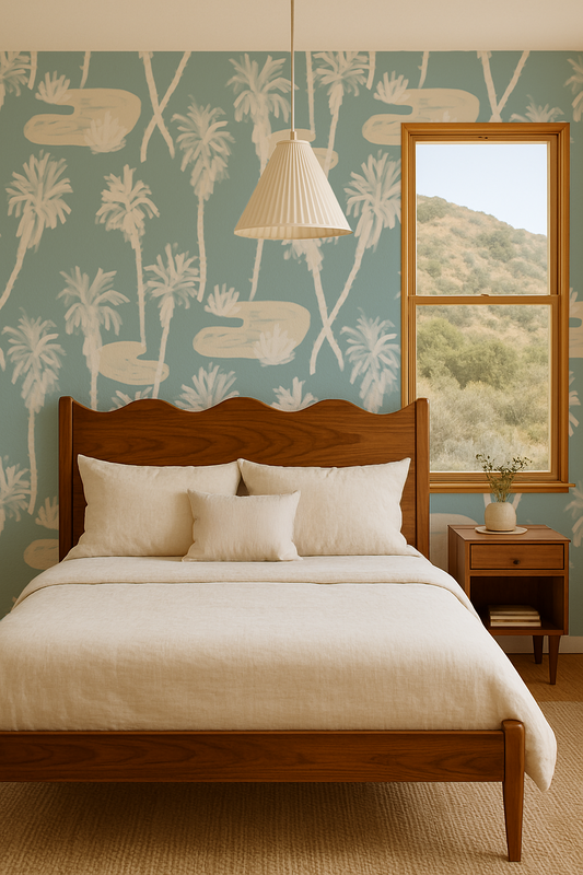 Palm Oasis Wallpaper, blue and white