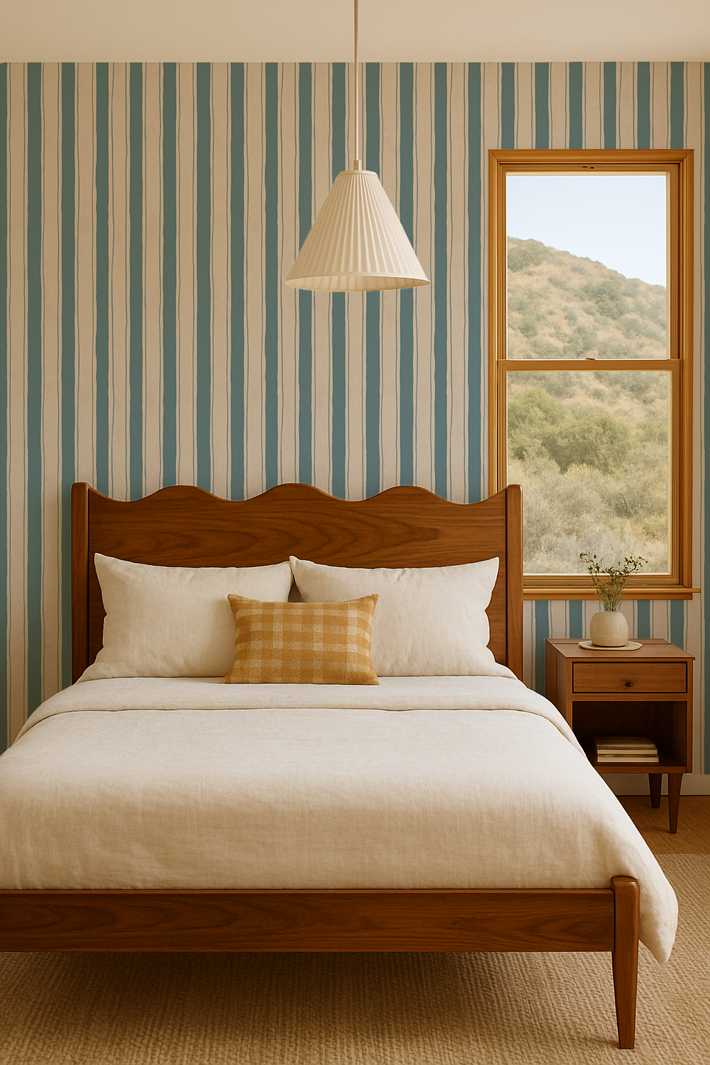 Riviera Stripe Wallpaper, off-white and dusty blue