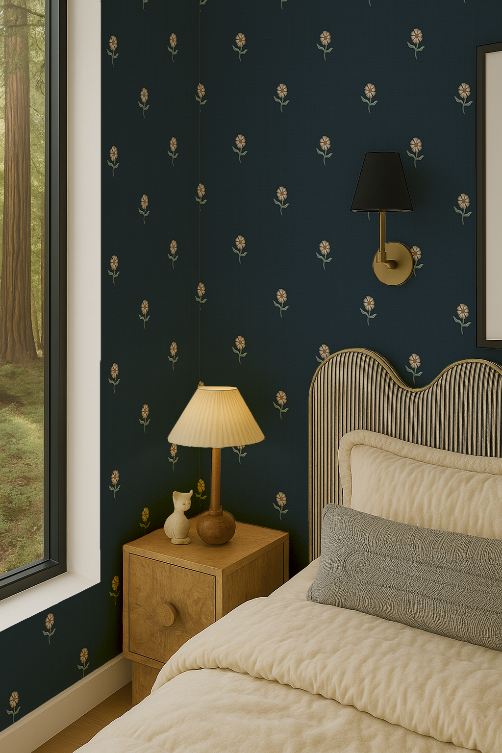 Daisy Dots Wallpaper, midnight blue