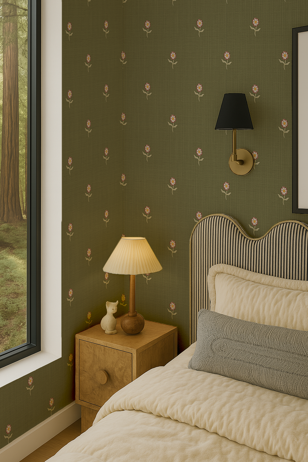 Daisy Dots Wallpaper, olive green