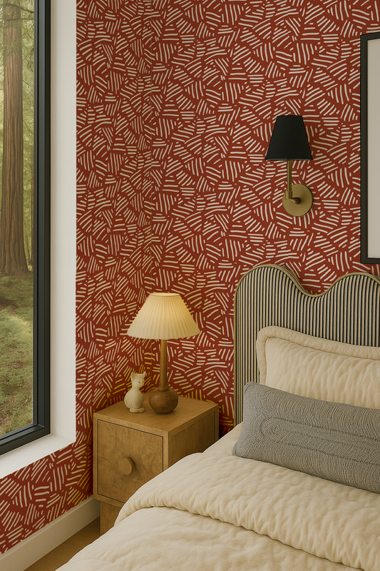Simple Stripes Wallpaper, brick red and white