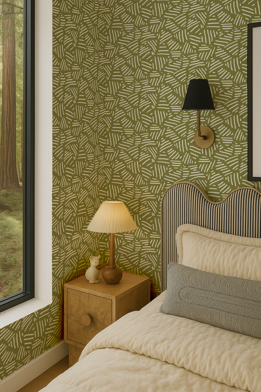 Simple Stripes Wallpaper, olive green and white