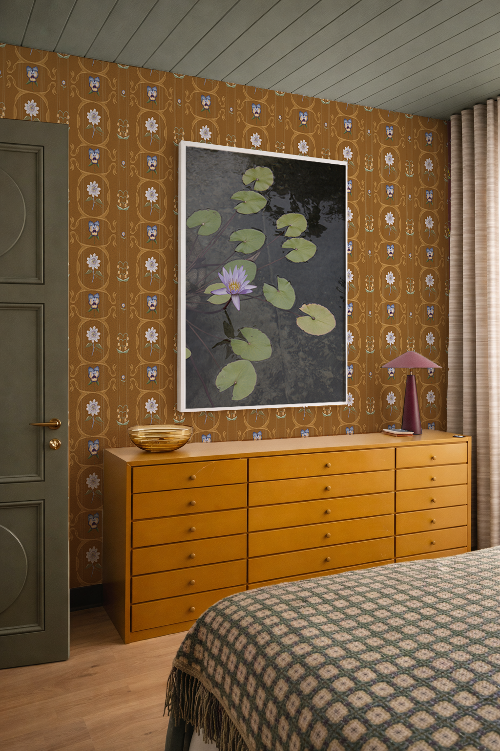 Eden Trellis Wallpaper, honey and blue violet