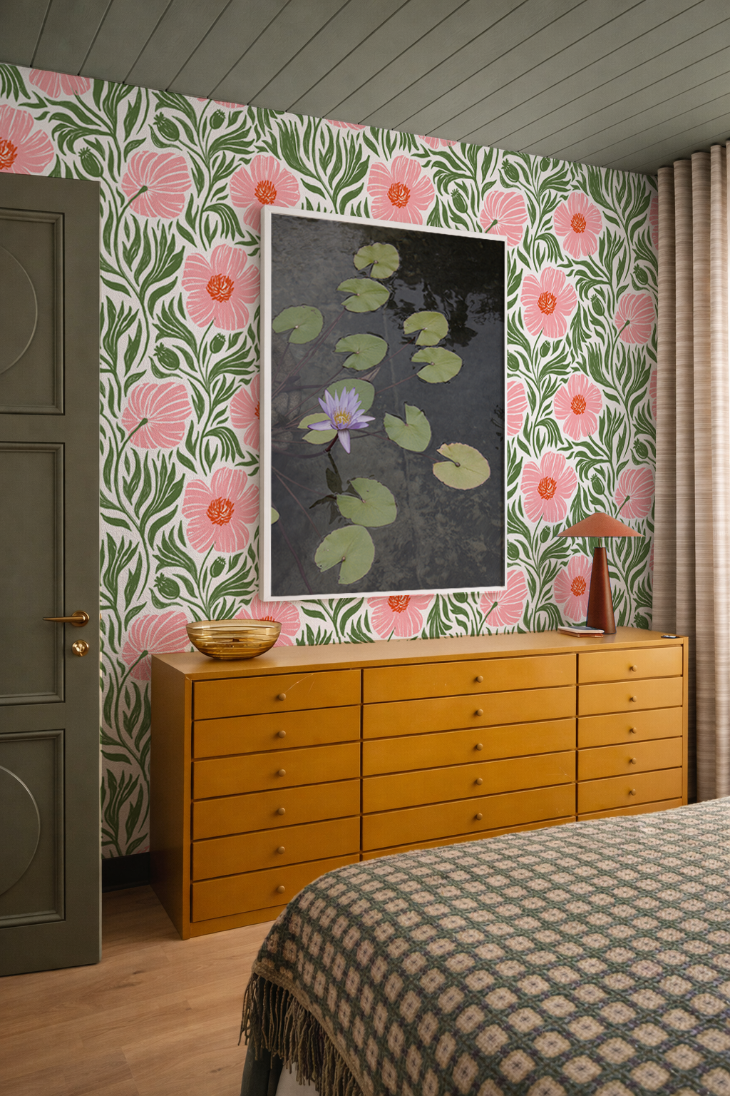 Matilija Wallpaper, white, pink and green