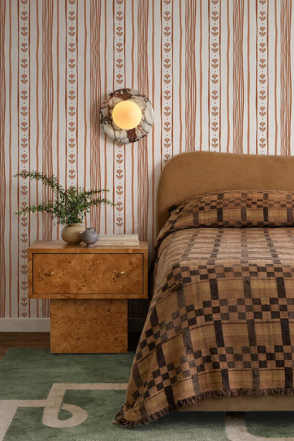 Daisy Chain Stripe Wallpaper, beige and terra cotta