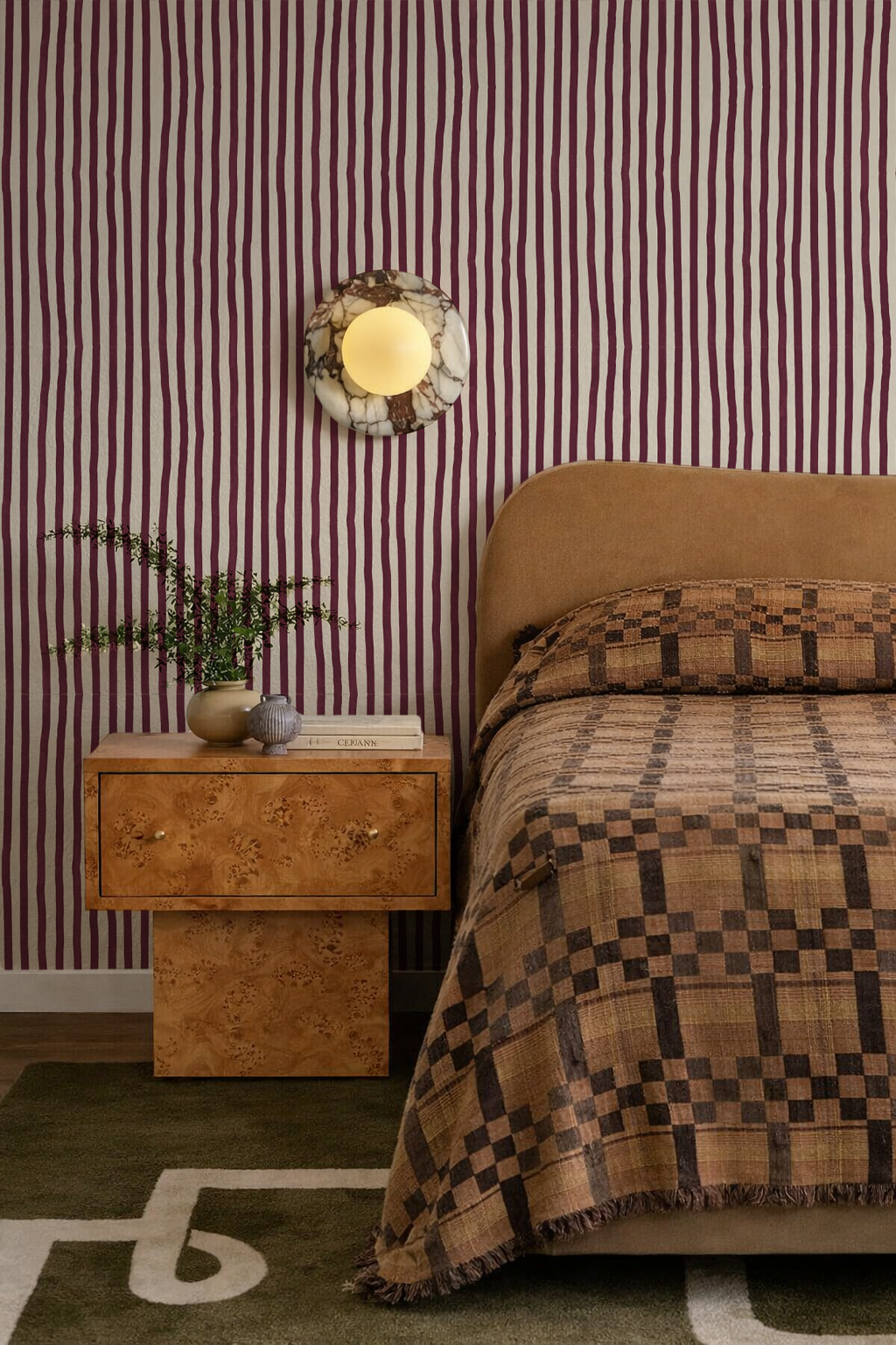 Dolce Stripe Wallpaper, off-white and eggplant