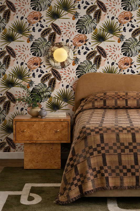 Floral Pop Wallpaper, olive and peach