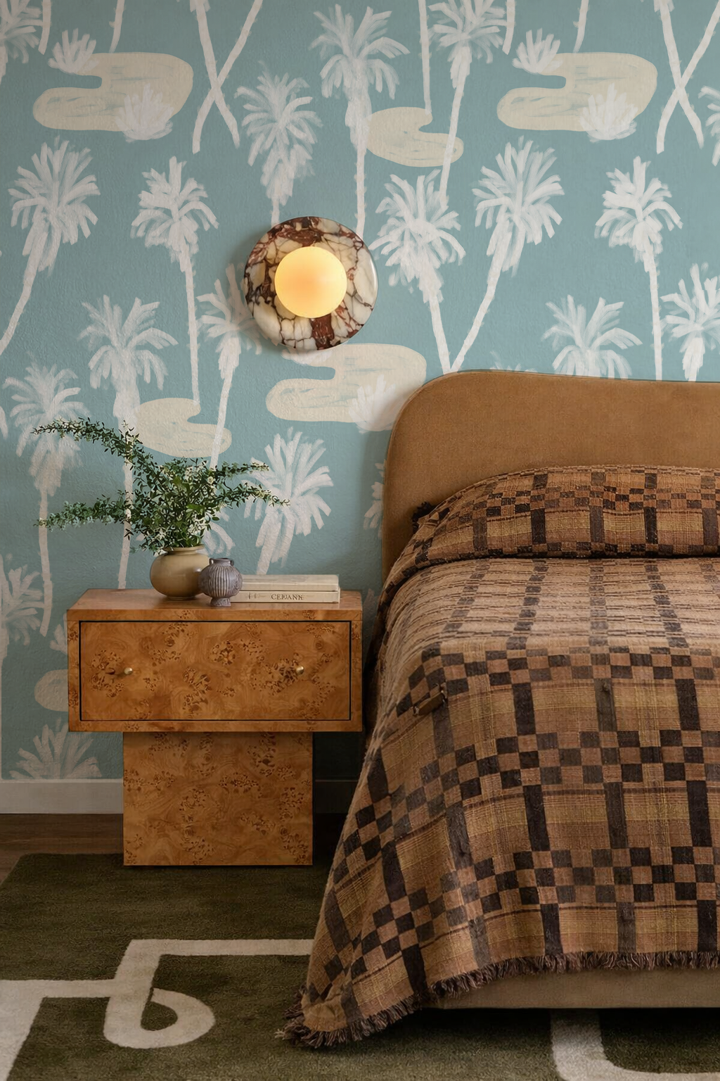 Palm Oasis Wallpaper, dusty blue and white
