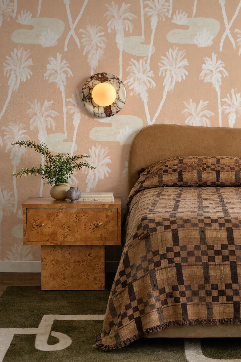 Palm Oasis Wallpaper, peach and white