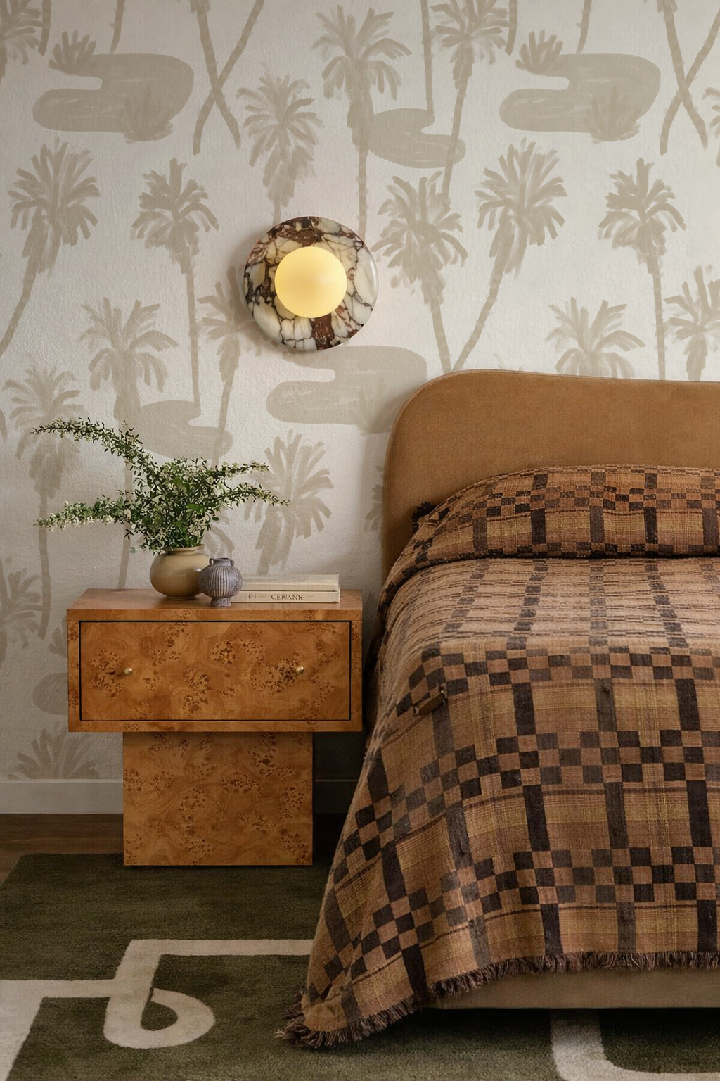 Palm Oasis Wallpaper, tan and white