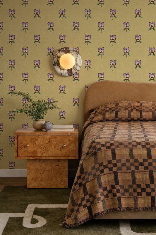 Pansy Parade Wallpaper, butter yellow and purple