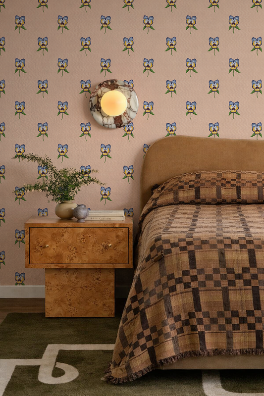Pansy Parade Wallpaper, peach and violet blue