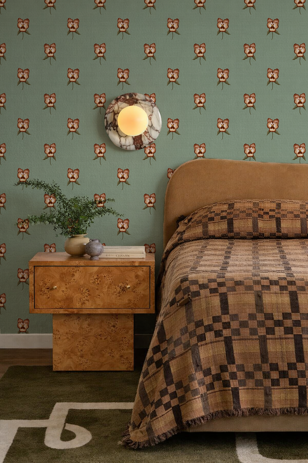 Pansy Parade Wallpaper, sage and brown