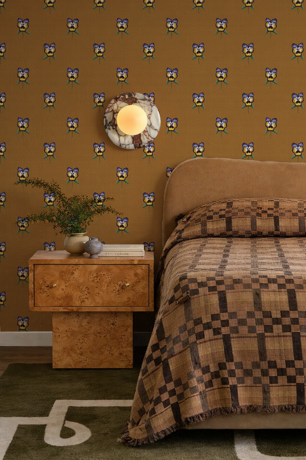 Pansy Parade Wallpaper, toffee and violet