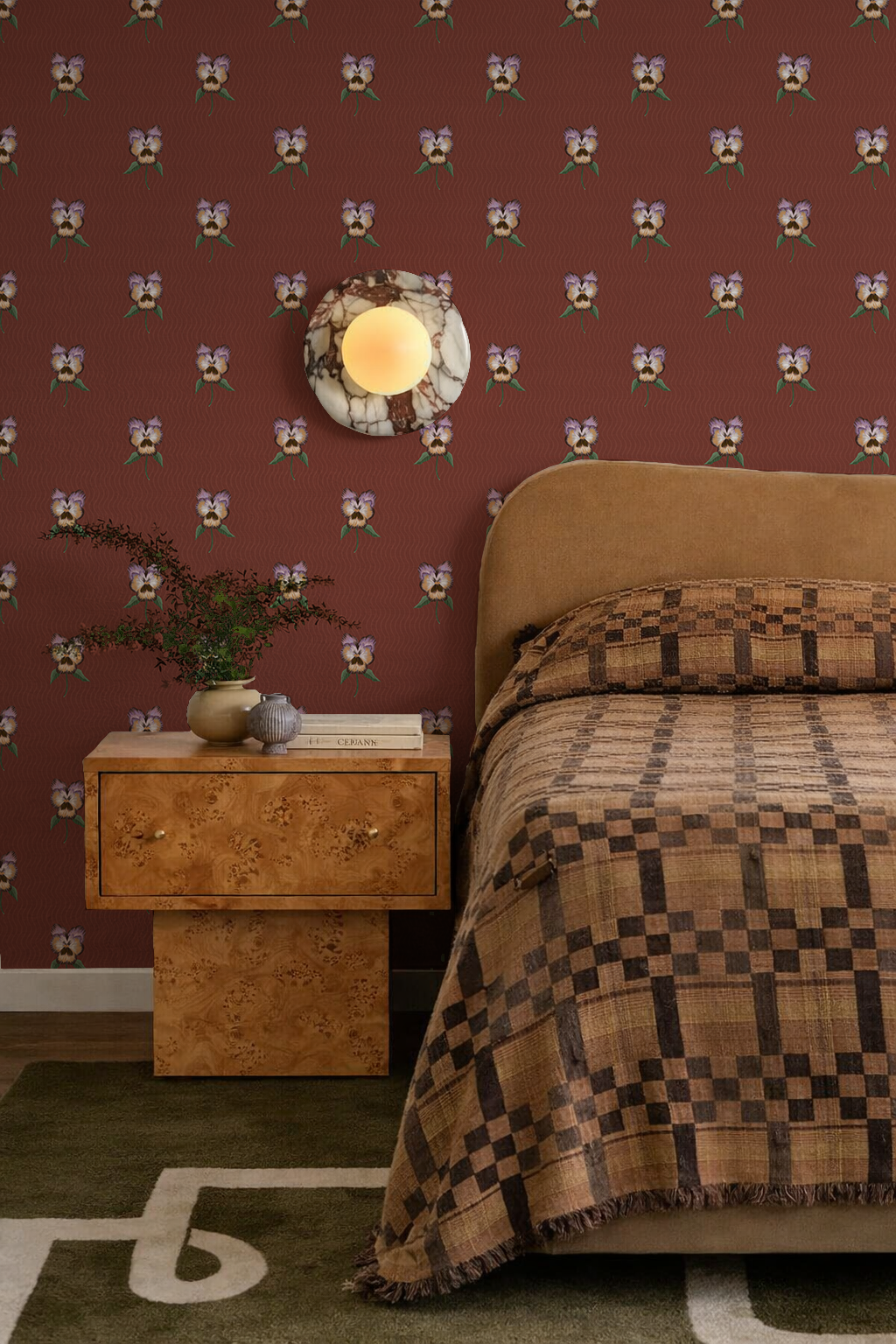 Pansy Parade Wallpaper, wine and lavender