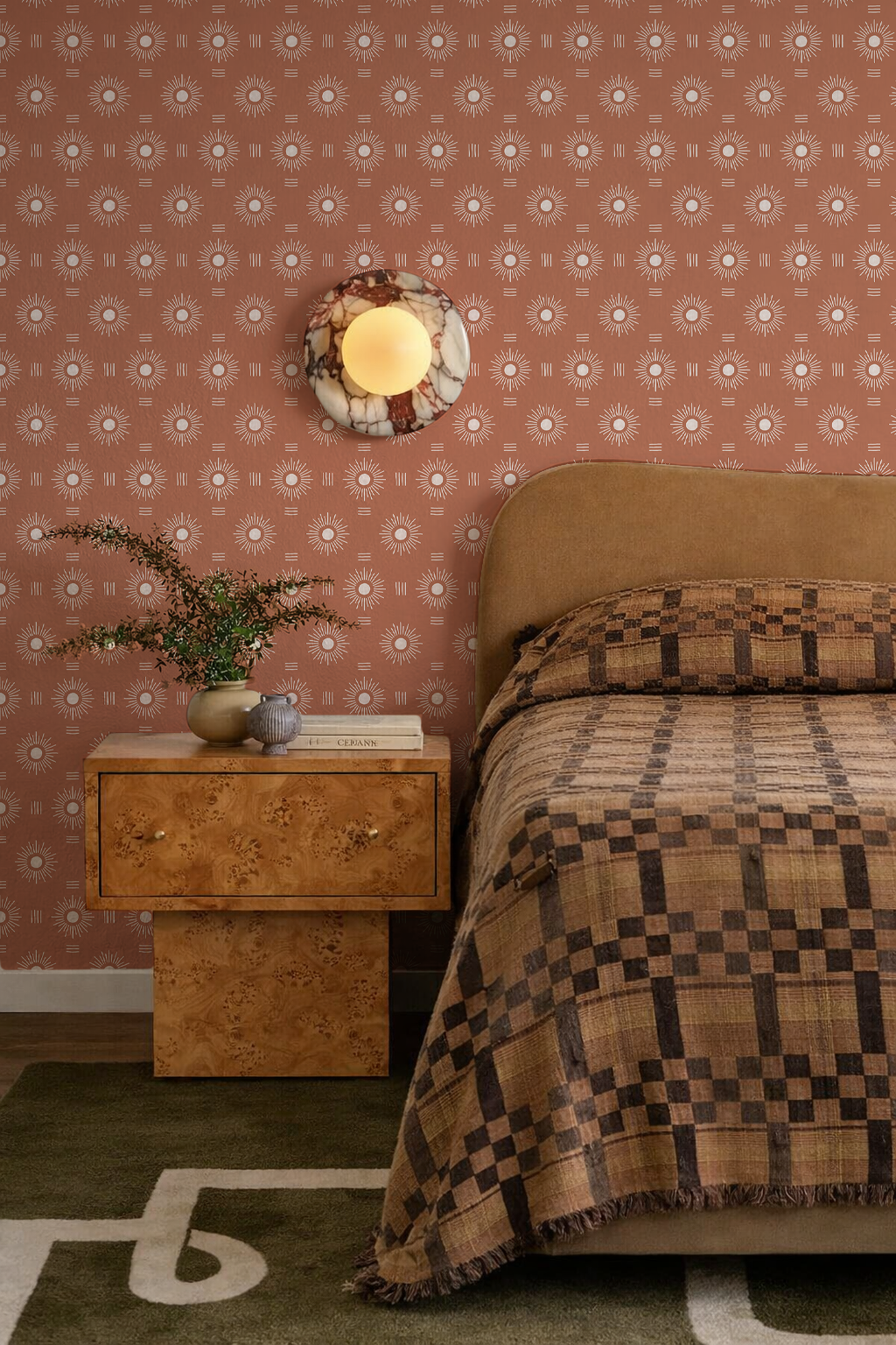 Sun Rays Wallpaper, terra cotta and white