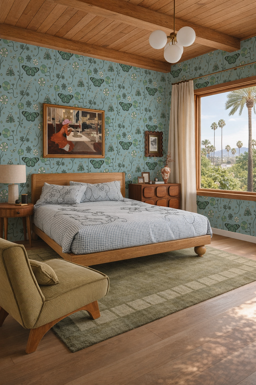 Poppy Please Wallpaper, blue and sage