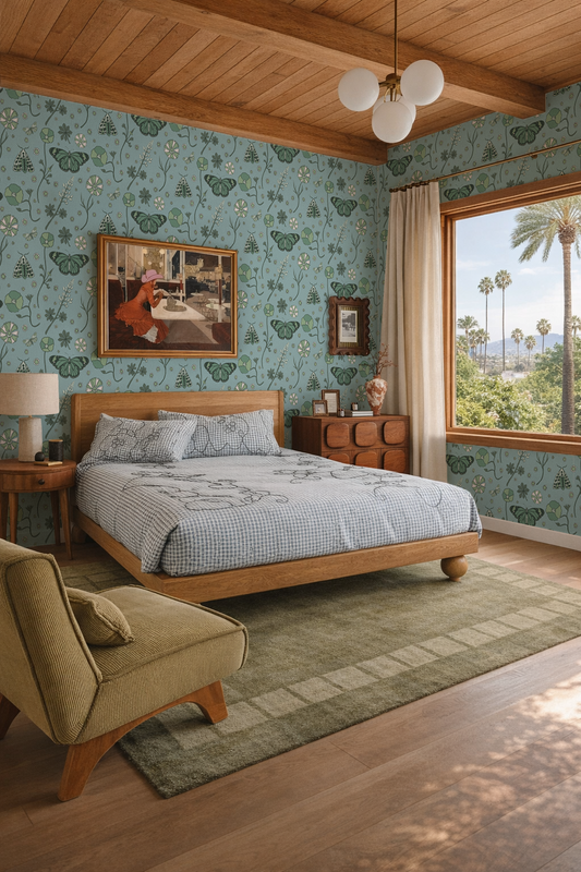 Poppy Please Wallpaper, blue and sage