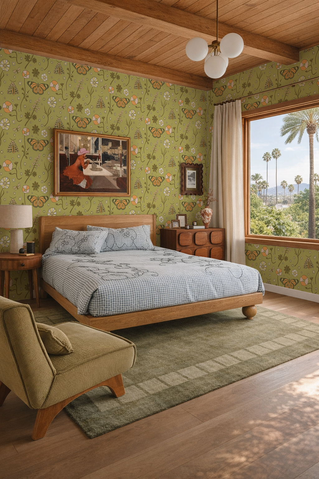 Poppy Please Wallpaper, chartreuse and orange