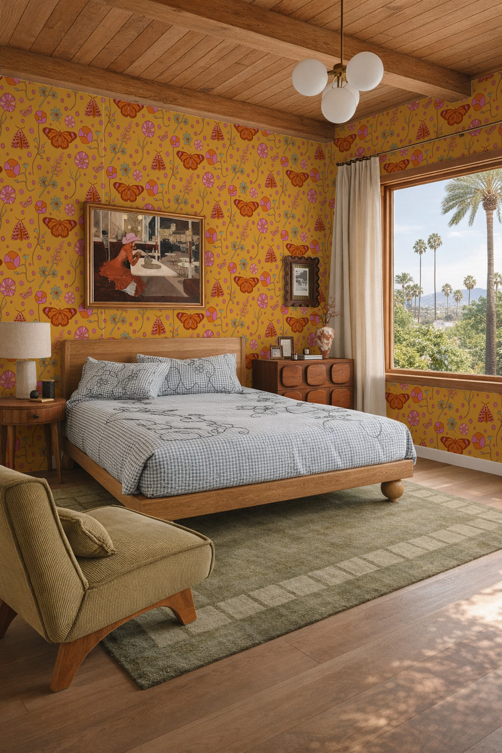 Poppy Please Wallpaper, mustard and pink