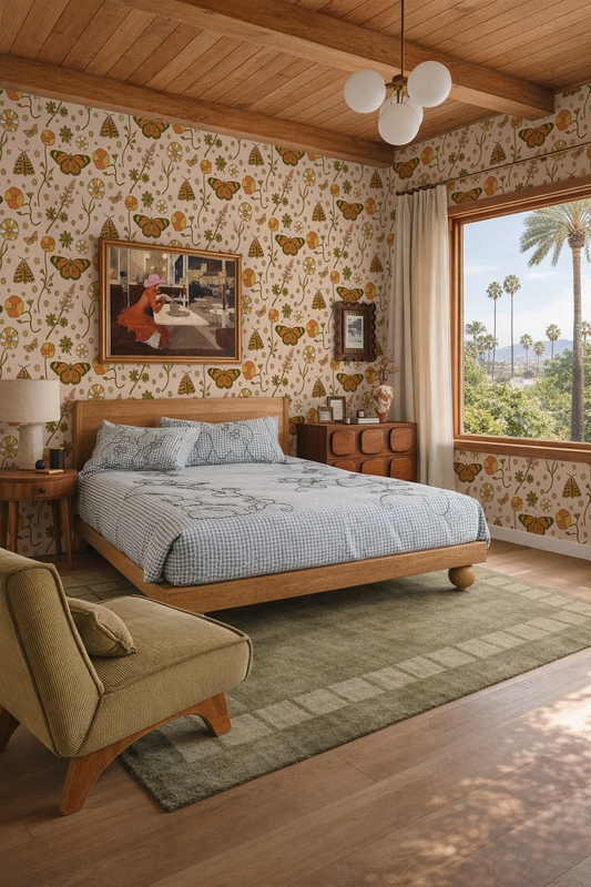 Poppy Please Wallpaper, peach and olive