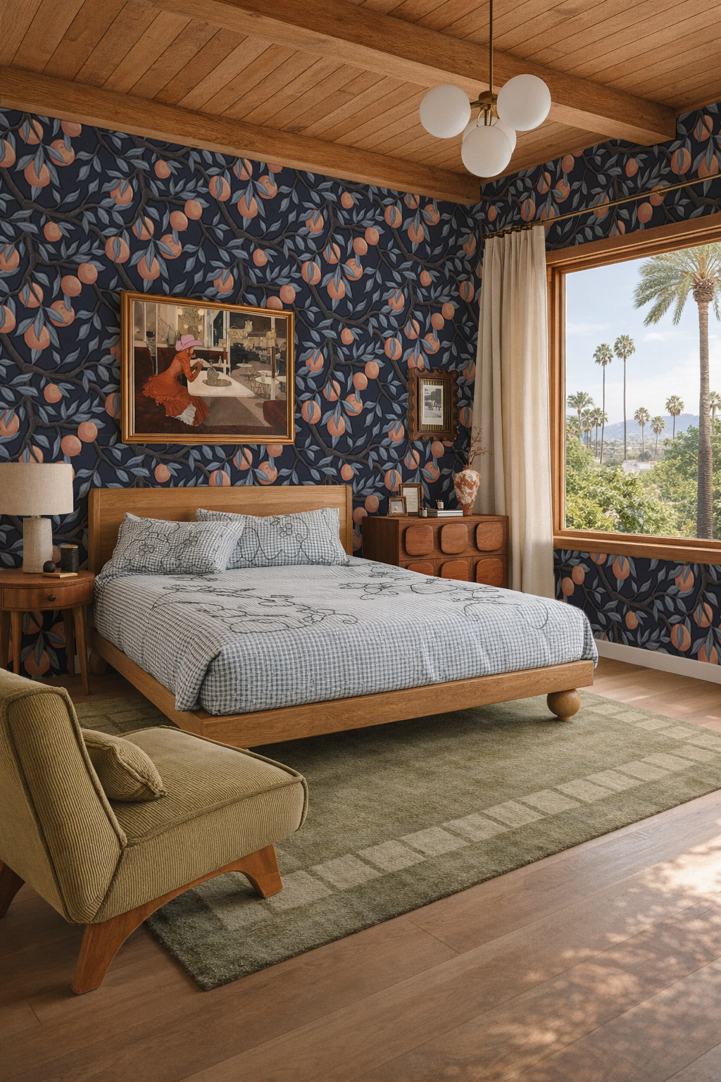 Valencia Grove Wallpaper, navy and muted orange