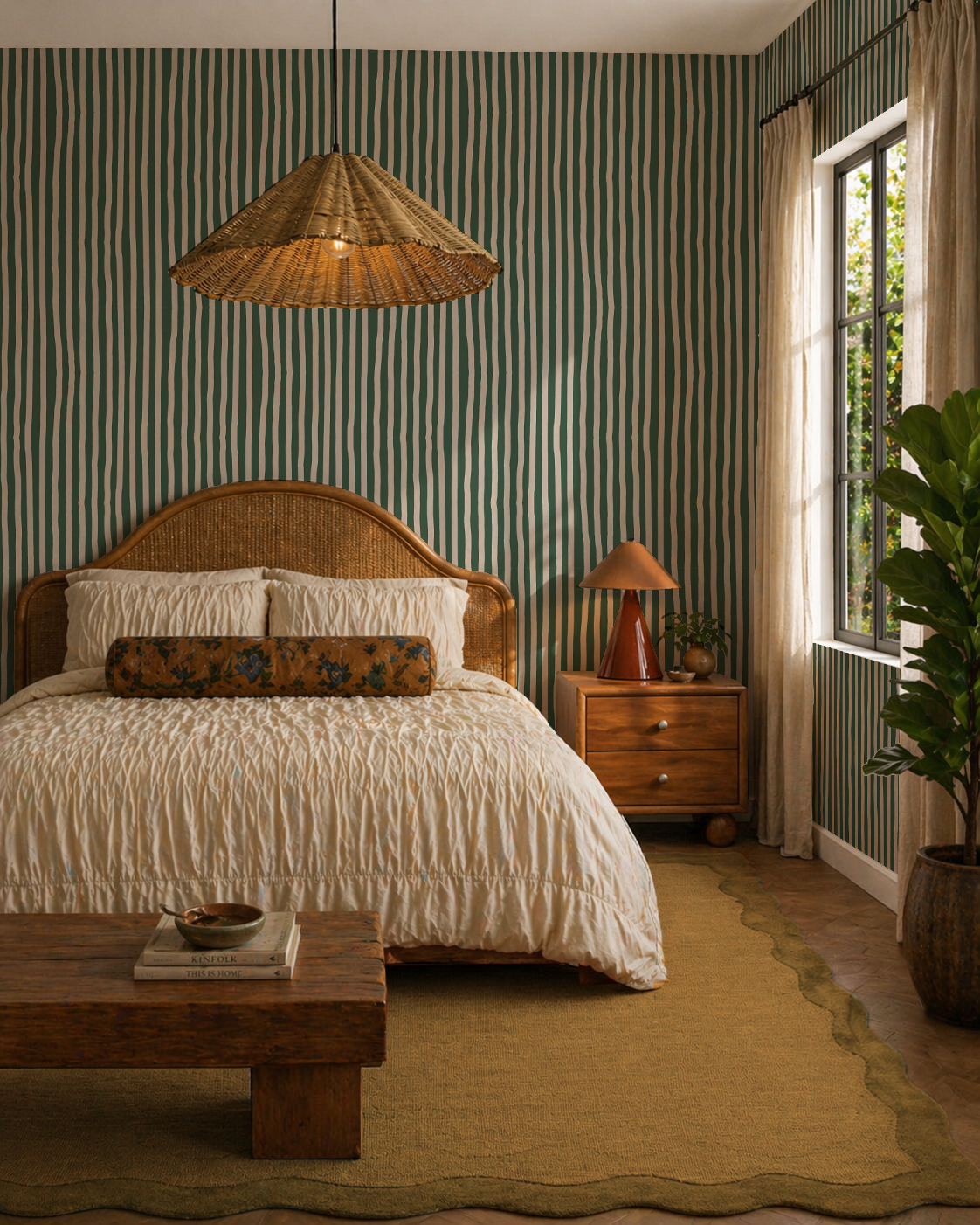 Dolce Stripe Wallpaper, green and beige