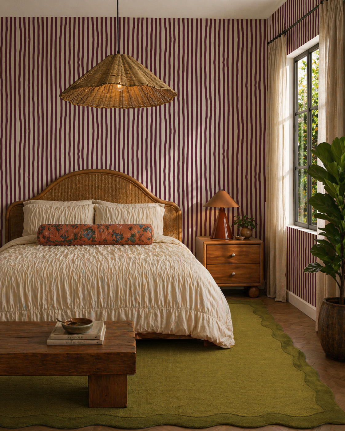 Dolce Stripe Wallpaper, off-white and eggplant