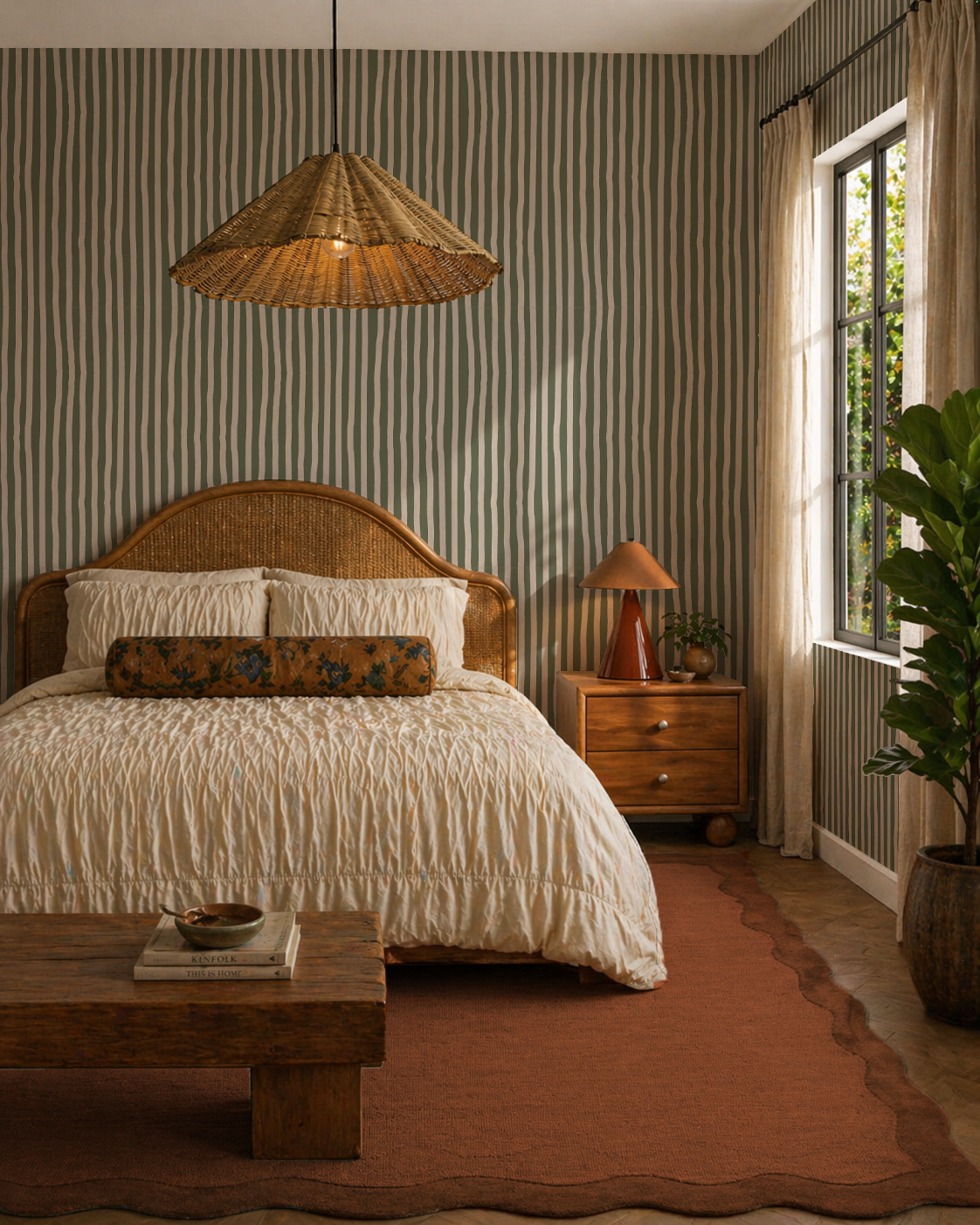 Dolce Stripe Wallpaper, olive green and tan