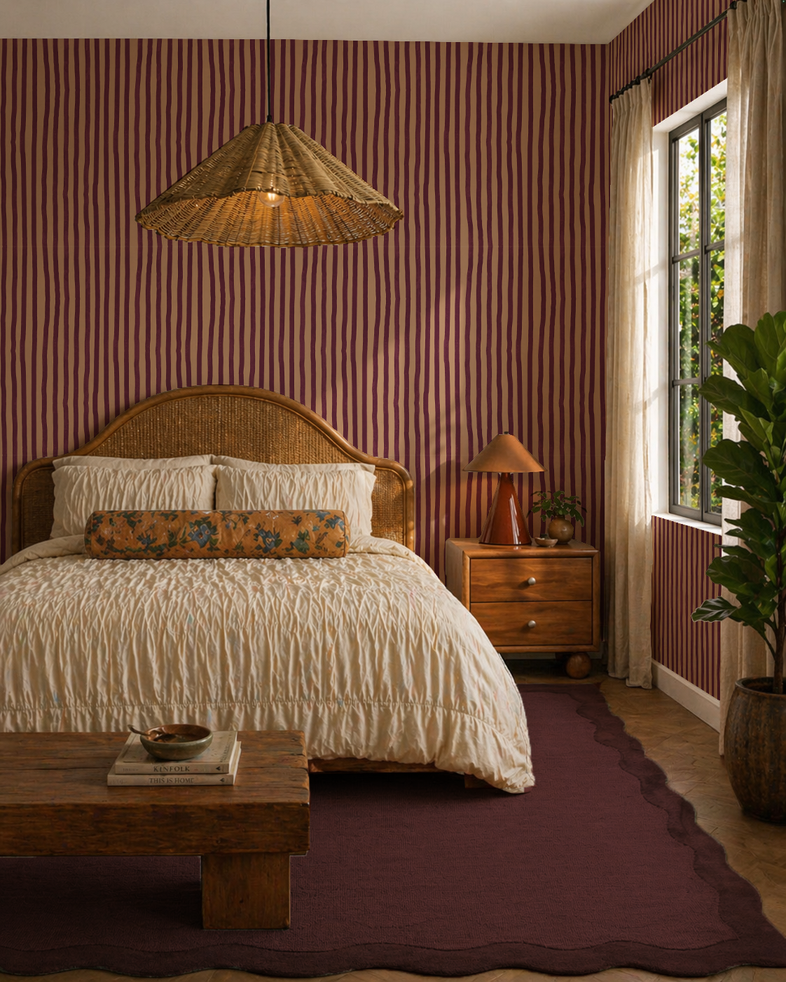 Dolce Stripe Wallpaper, peach and eggplant