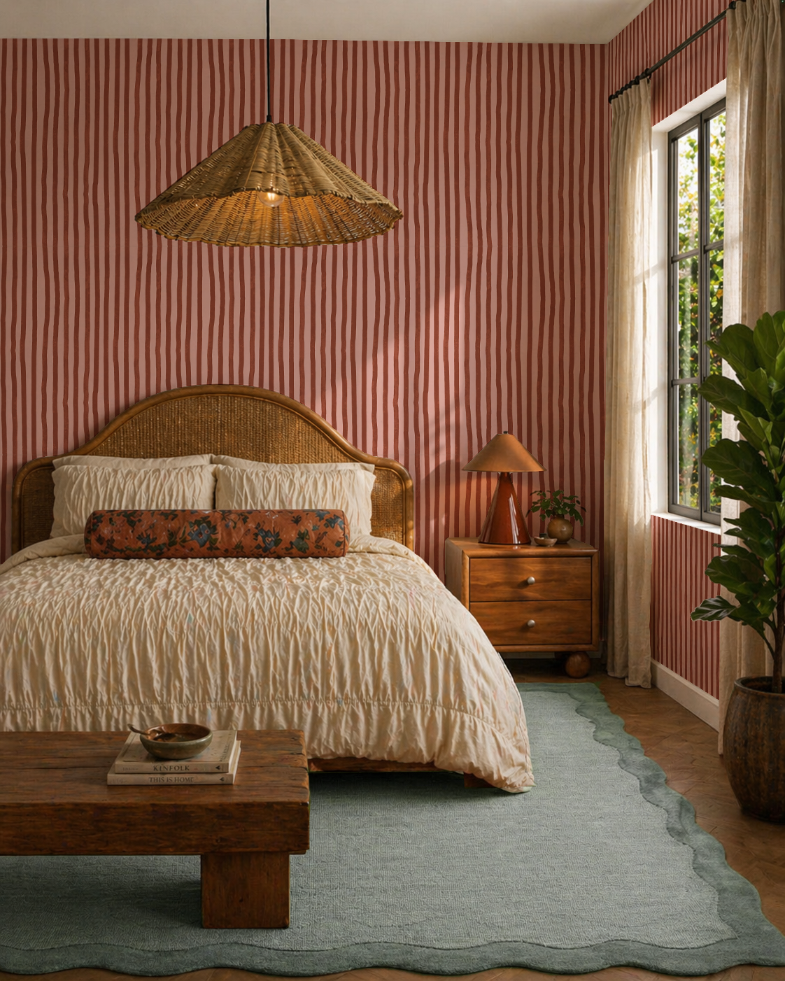 Dolce Stripe Wallpaper, pink and brick red