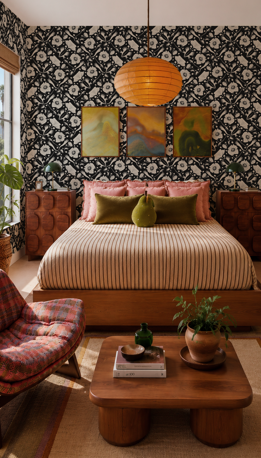 Poppy Pavilion Wallpaper, black and beige
