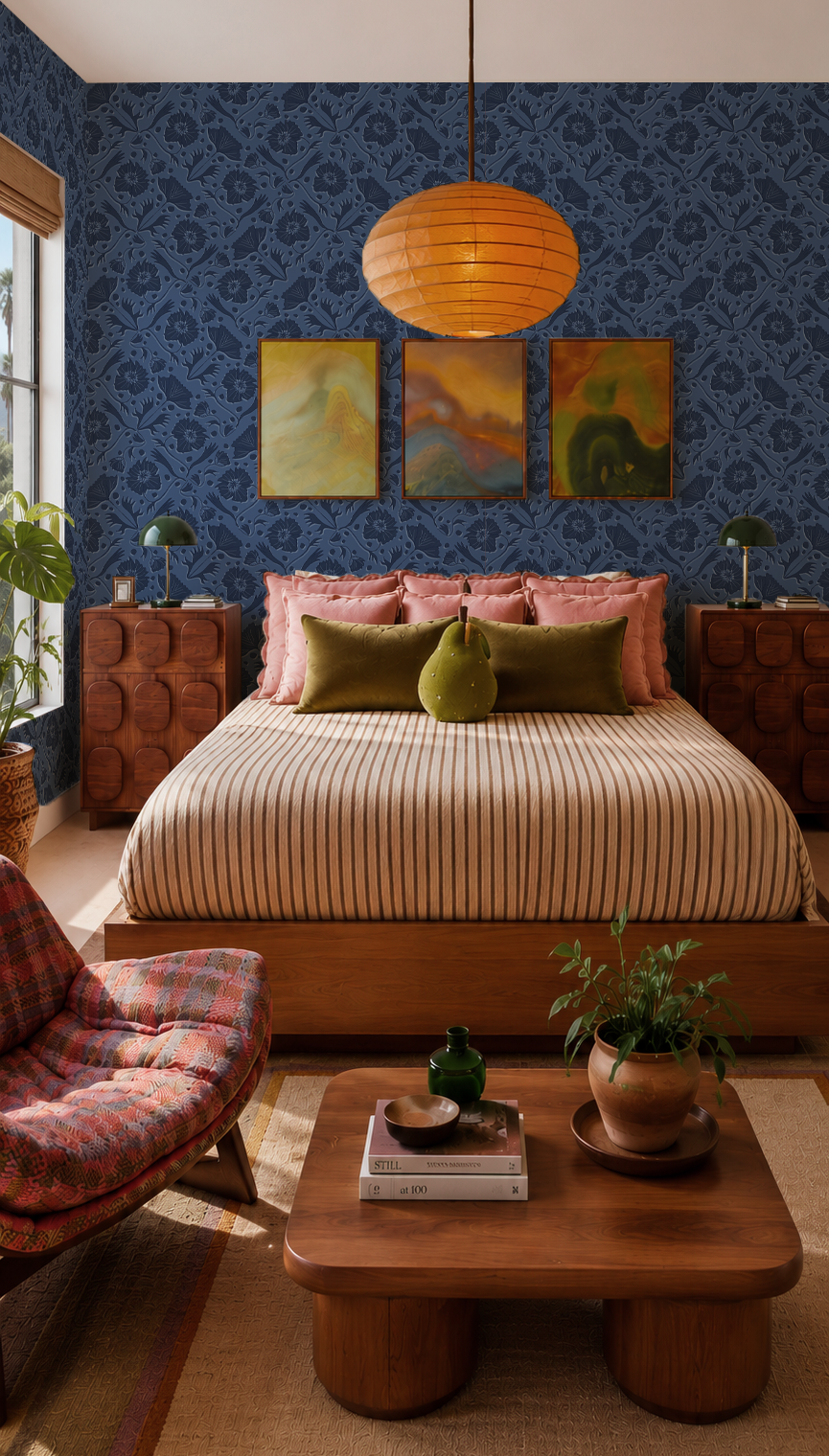 Poppy Pavilion Wallpaper, blue