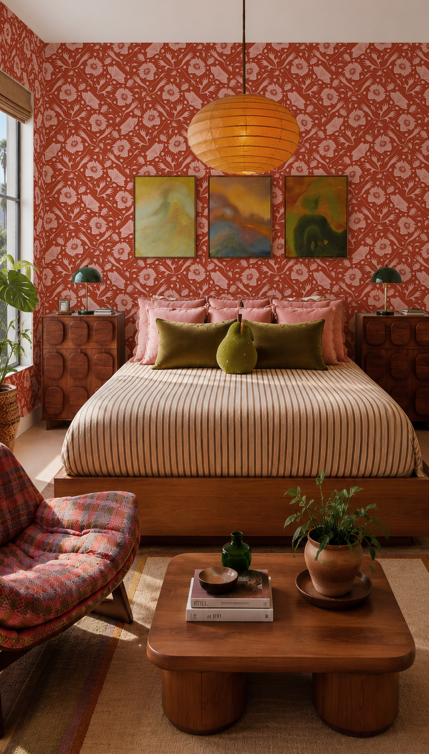 Poppy Pavilion Wallpaper, brick red and pink