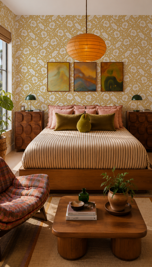 Poppy Pavilion Wallpaper, butter yellow and off-white